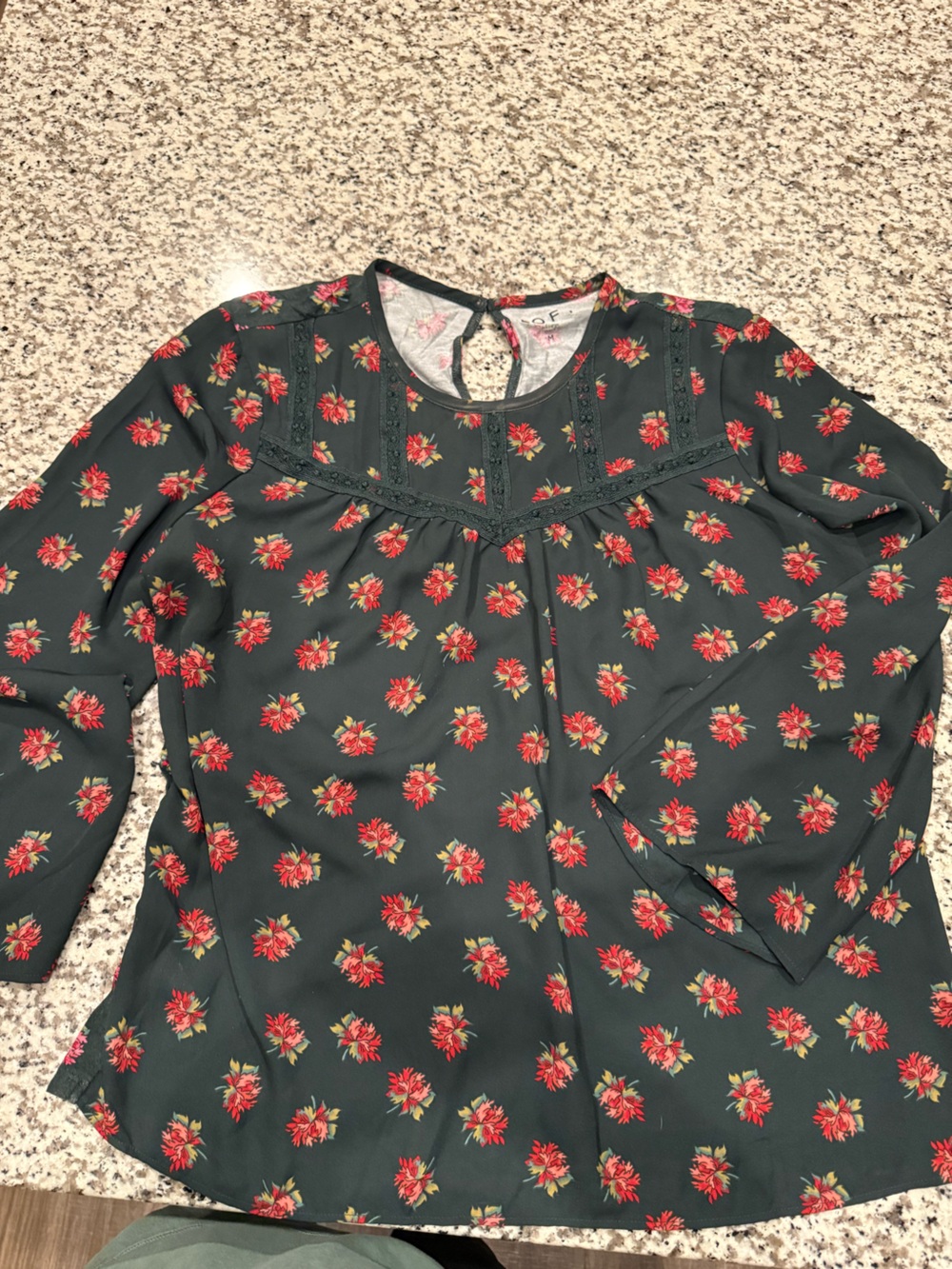LOFT Pine Green Floral Long Sleeve Blouse with Red Flowers
